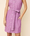 Model is wearing UNTUCKit Purple Sleeveless Belted Linen Viscose Keeley Shirtdress.