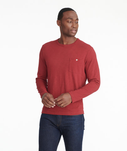 Model wearing a Bright Red Long-Sleeve Pocket Tee