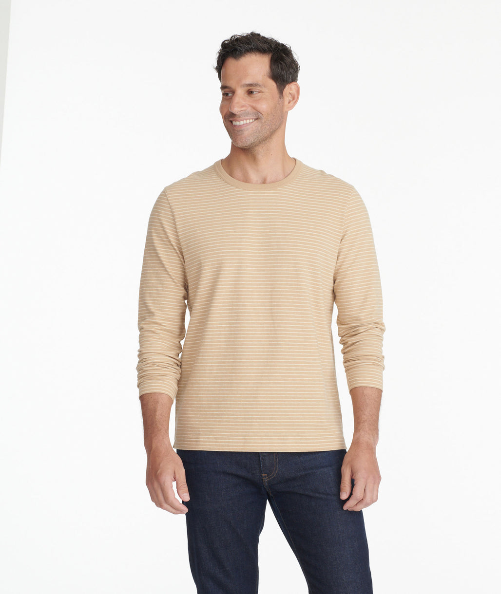 Model wearing a Tan Striped Long-Sleeve Tee