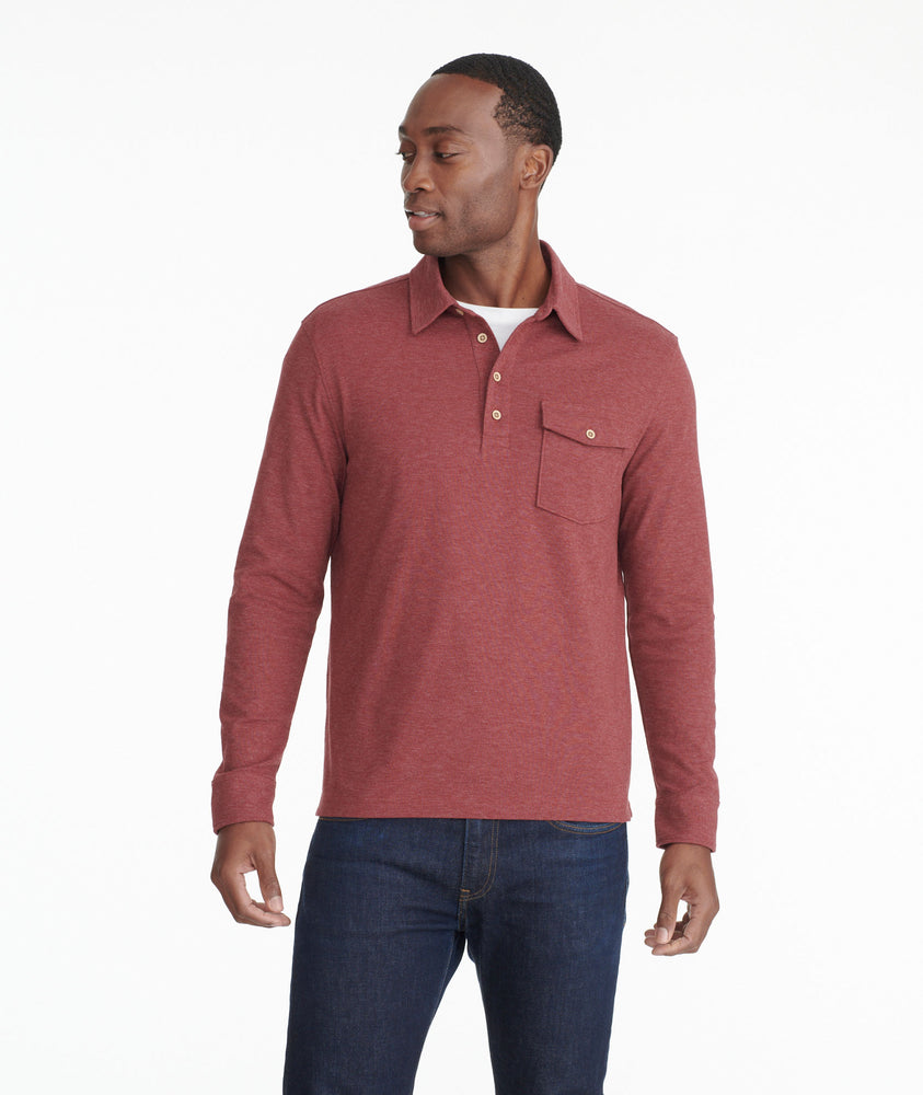 Model wearing a Bright Red Heavyweight Long-Sleeve Polo