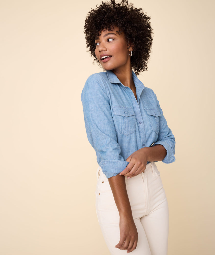 Model wearing an UNTUCKit Miranda Shirt.