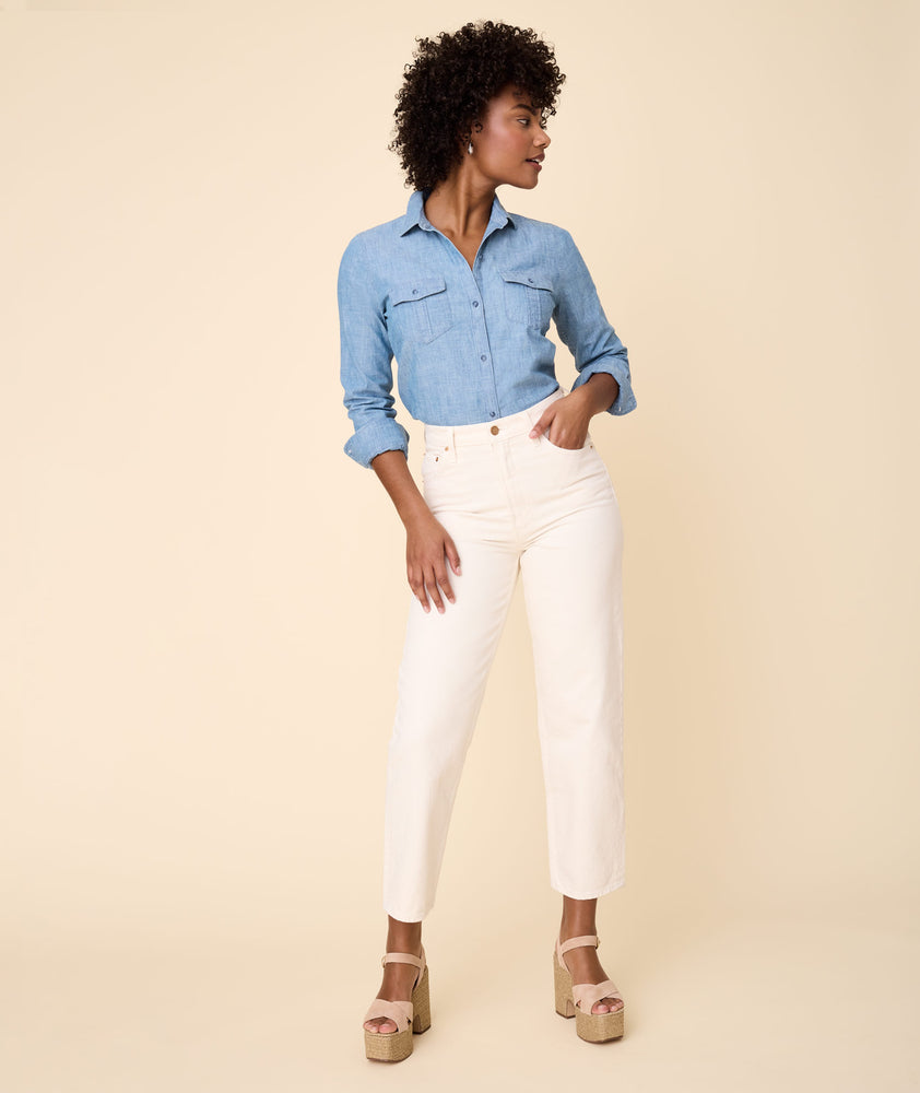 Model wearing an UNTUCKit Miranda Shirt.