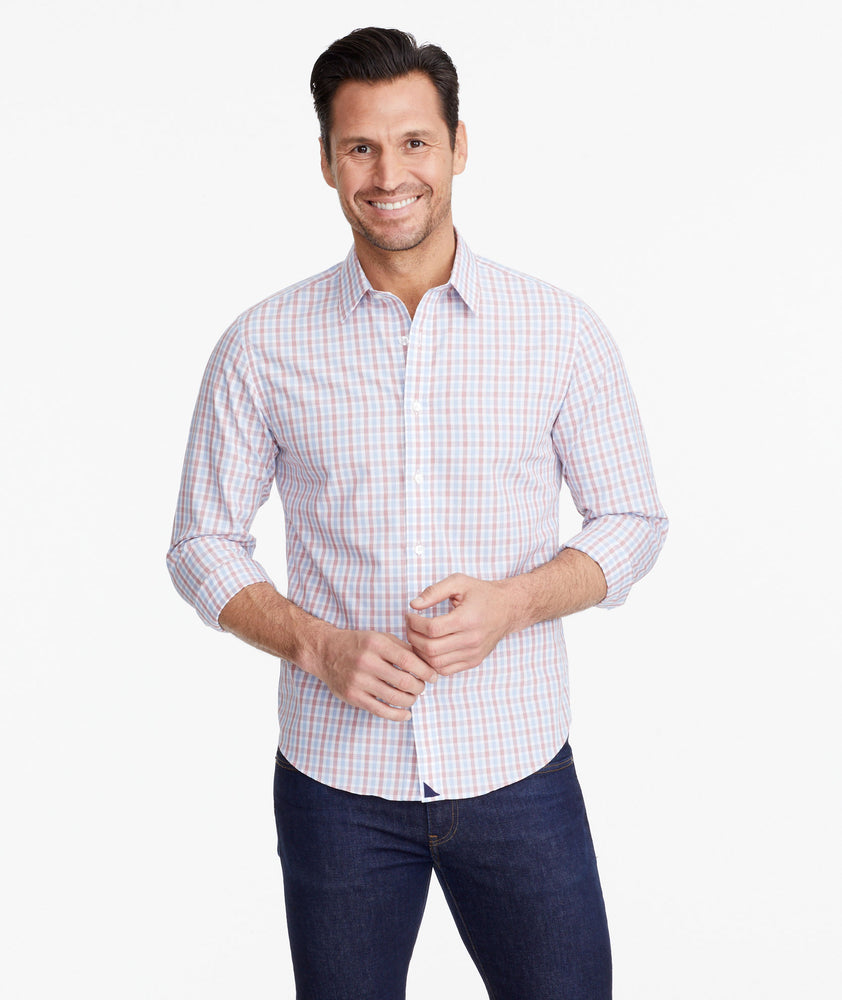 Model wearing a Dark Red Wrinkle-Free Mixon Shirt