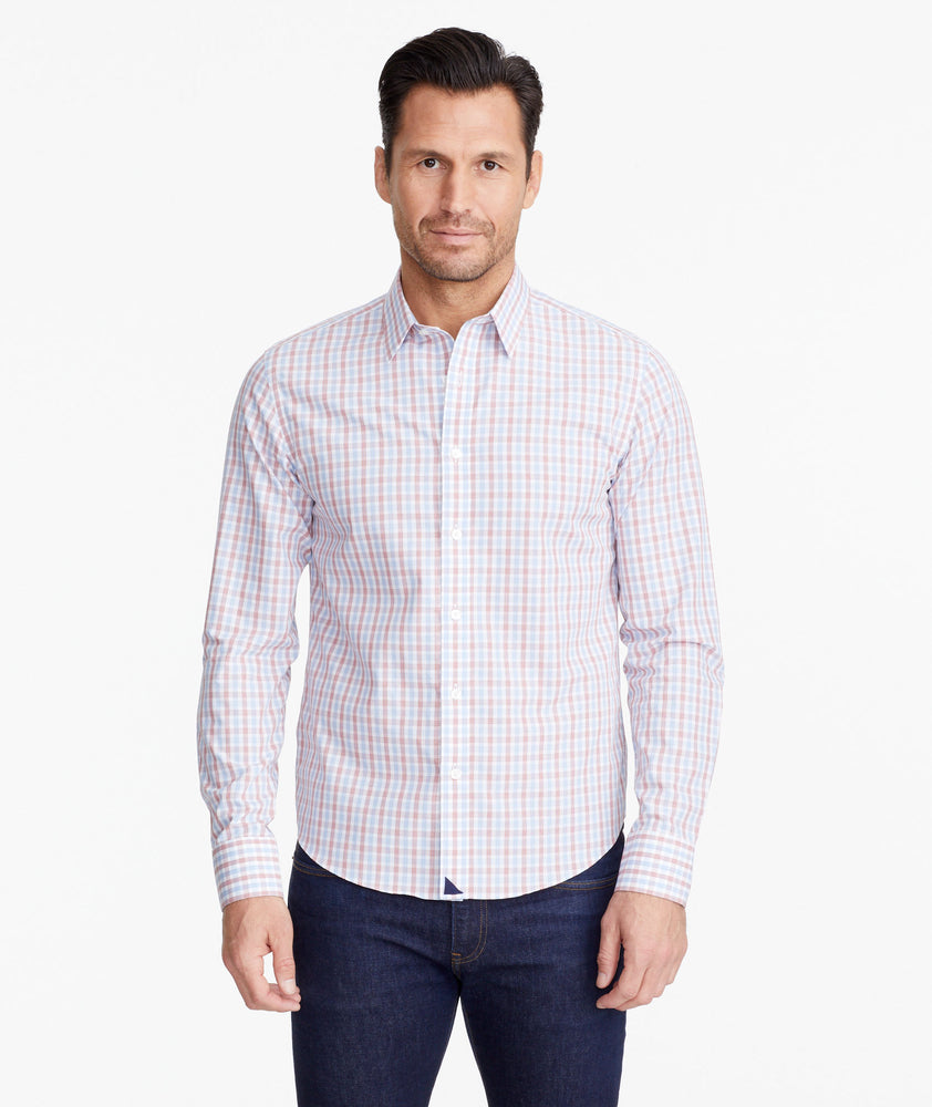 Model wearing a Dark Red Wrinkle-Free Mixon Shirt