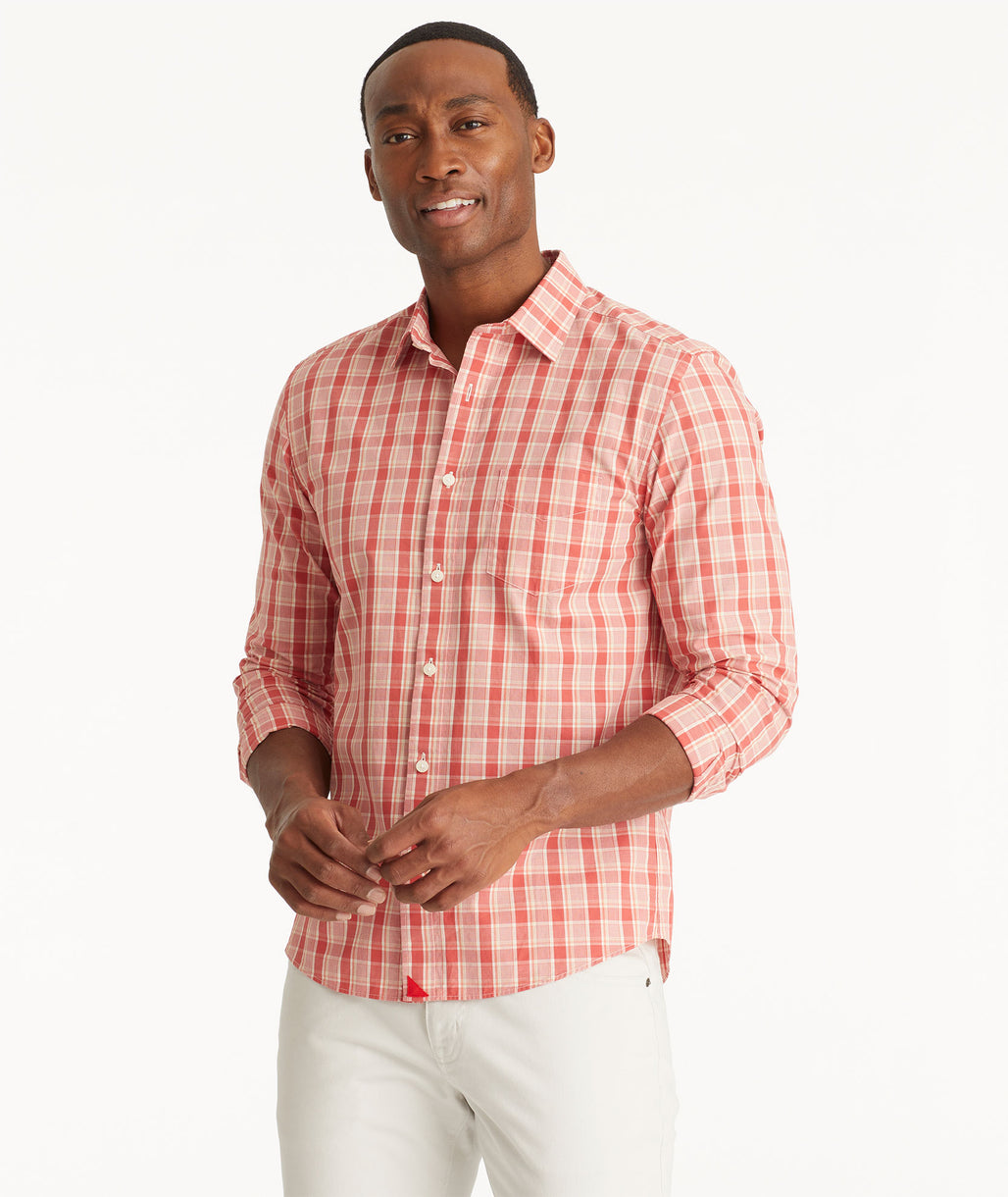 Model wearing an UNTUCKit Red Vintage Wash Monterosso Shirt