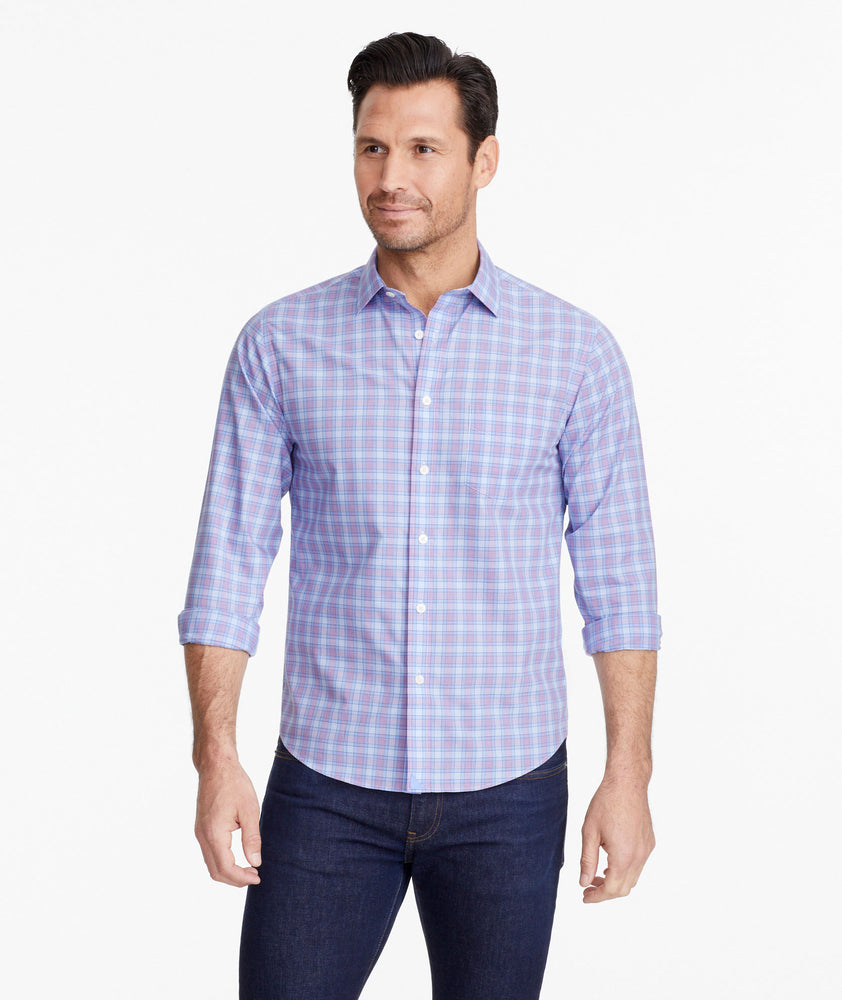 Model wearing a Blue Wrinkle-Free Moravia Shirt
