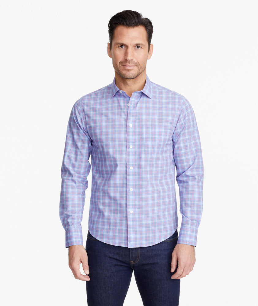 Model wearing a Blue Wrinkle-Free Moravia Shirt