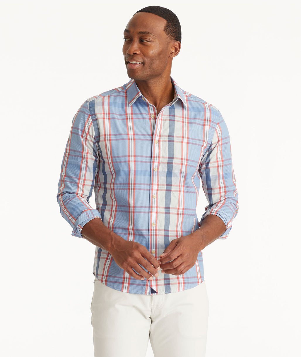 Model wearing an UNTUCKit Blue Vintage Wash Niall Shirt