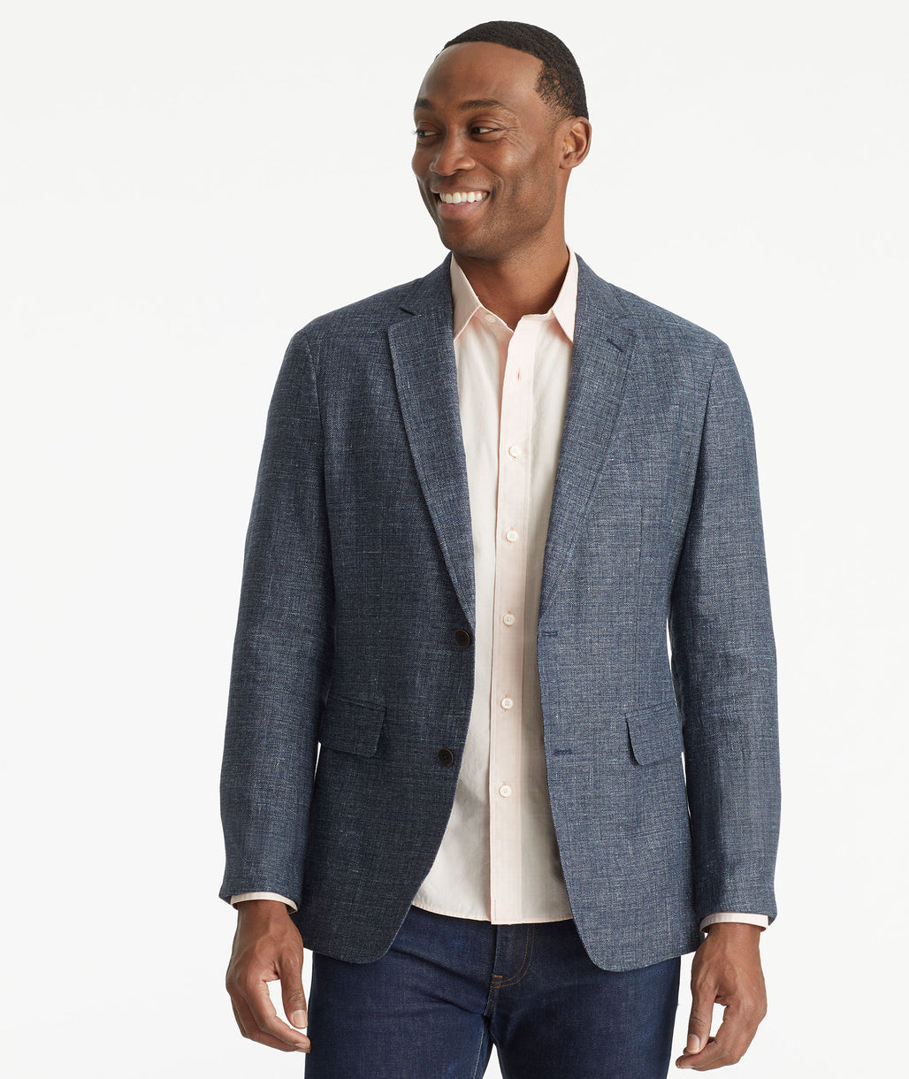 Model wearing an UNTUCKit Navy Italian Wool Linen Otono Sport Coat