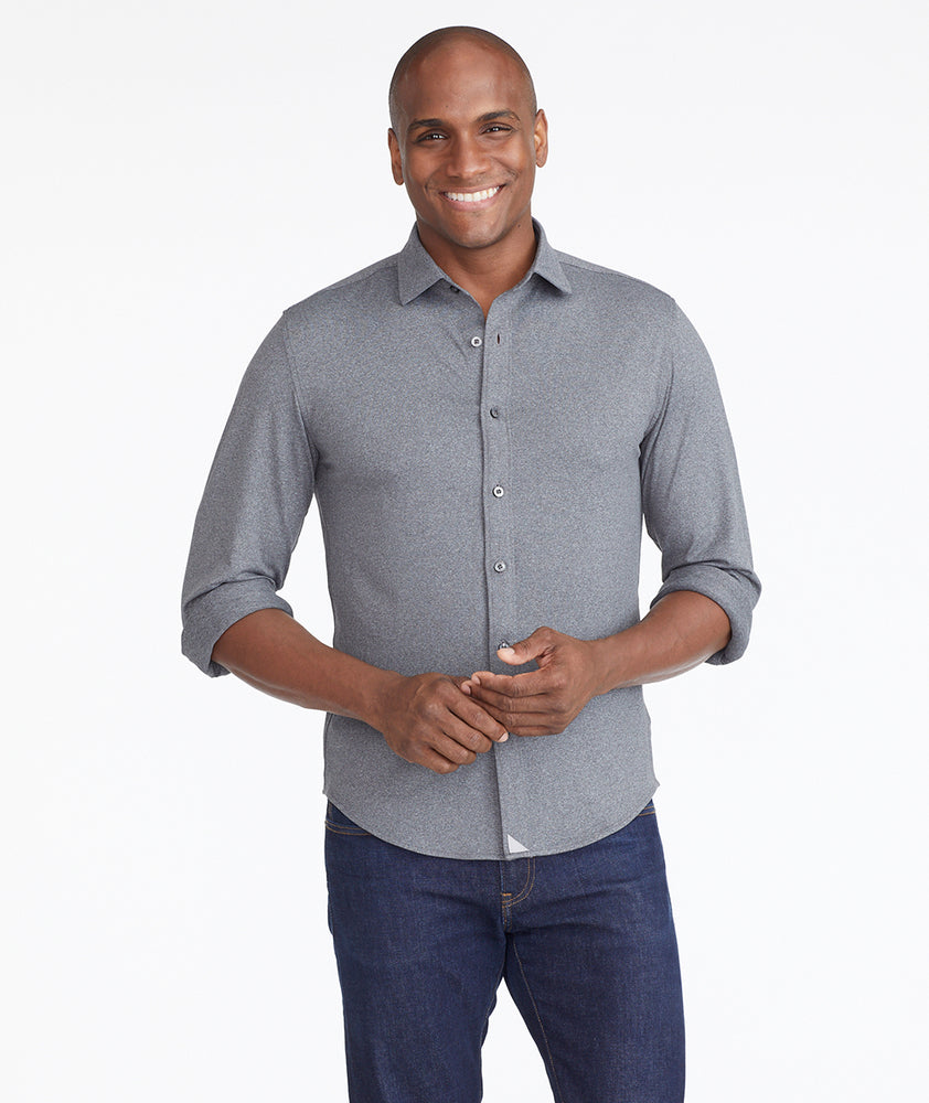 Model wearing a Grey Performance Luxe Tee Hybrid Shirt