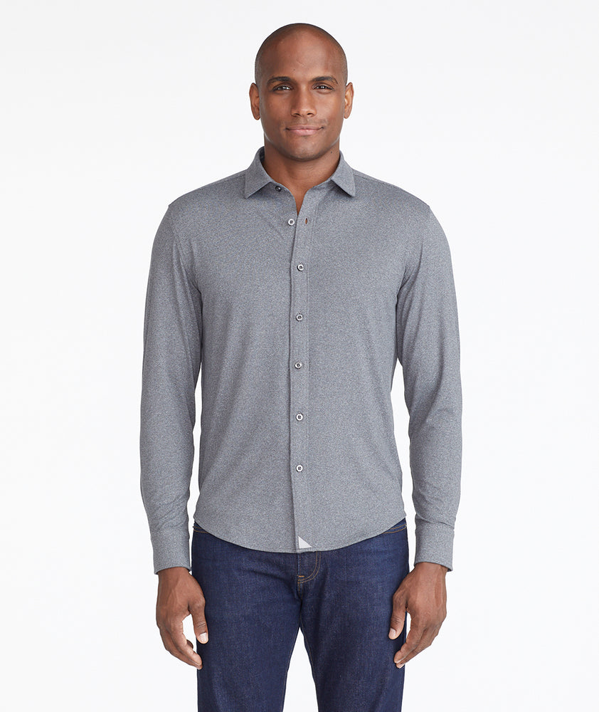 Model wearing a Grey Performance Luxe Tee Hybrid Shirt