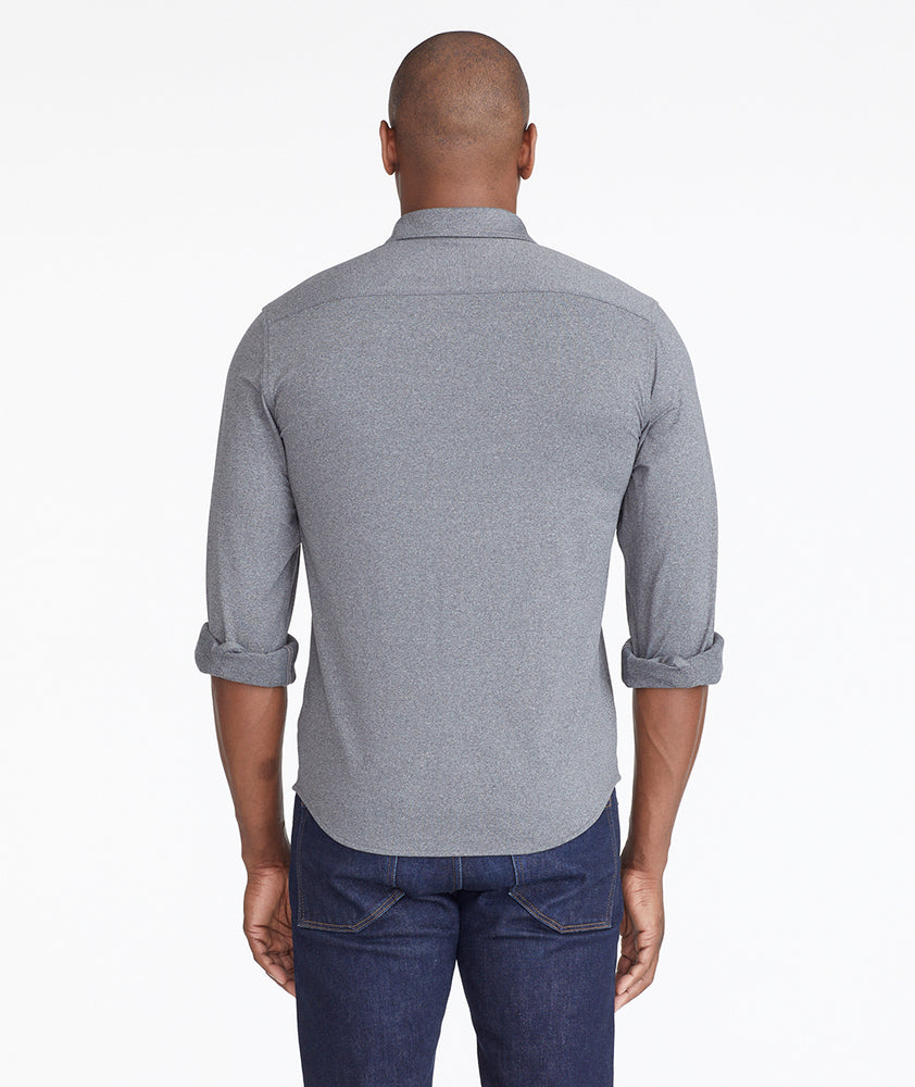 Model wearing a Grey Performance Luxe Tee Hybrid Shirt