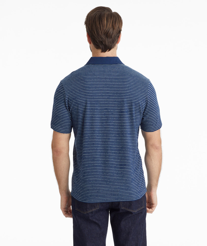 Model wearing a Blue Johnny Collar Polo