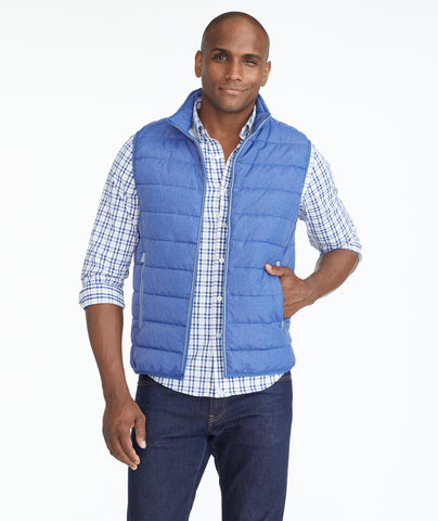 Model wearing a Blue Puffer Vest