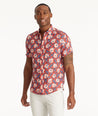 Model wearing an UNTUCKit Red Linen Short-Sleeve Redondo Shirt