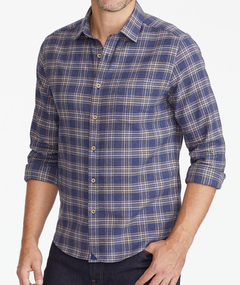 Model wearing a Blue Flannel Relusso Shirt