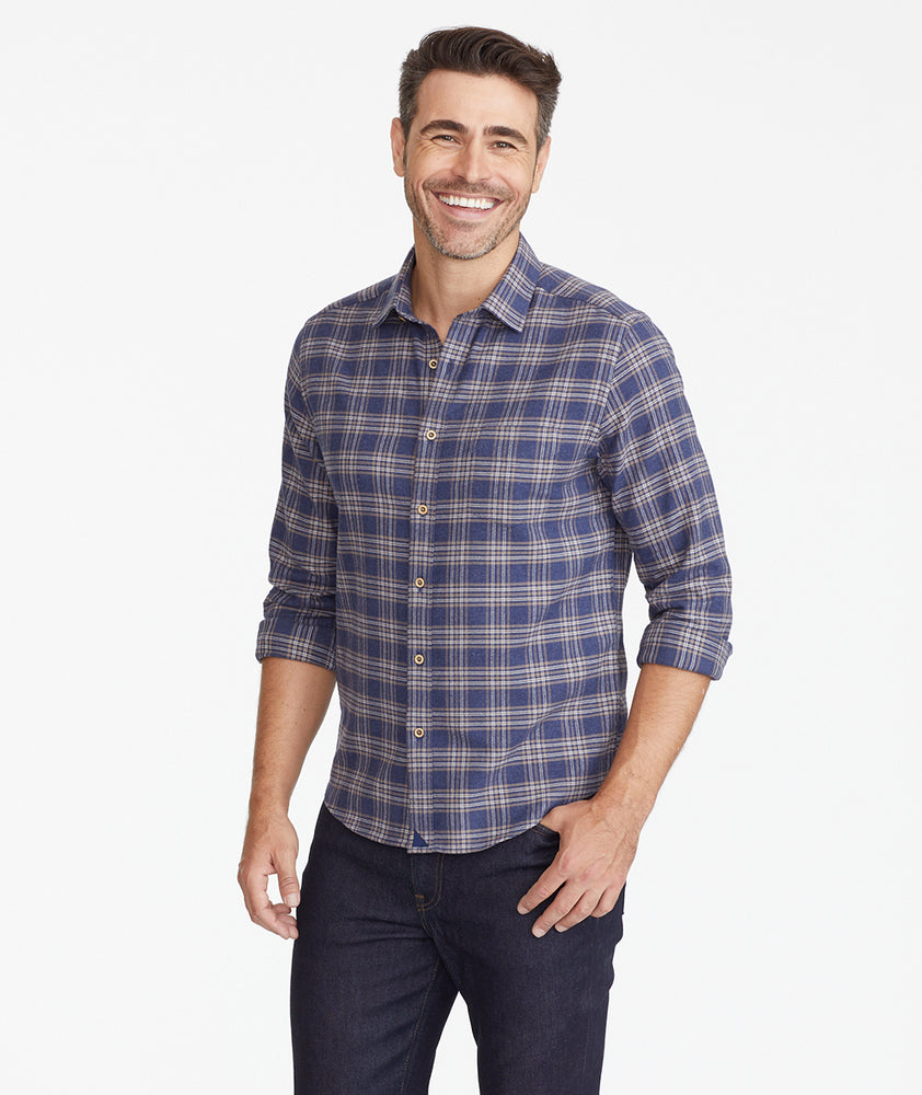 Model wearing a Blue Flannel Relusso Shirt