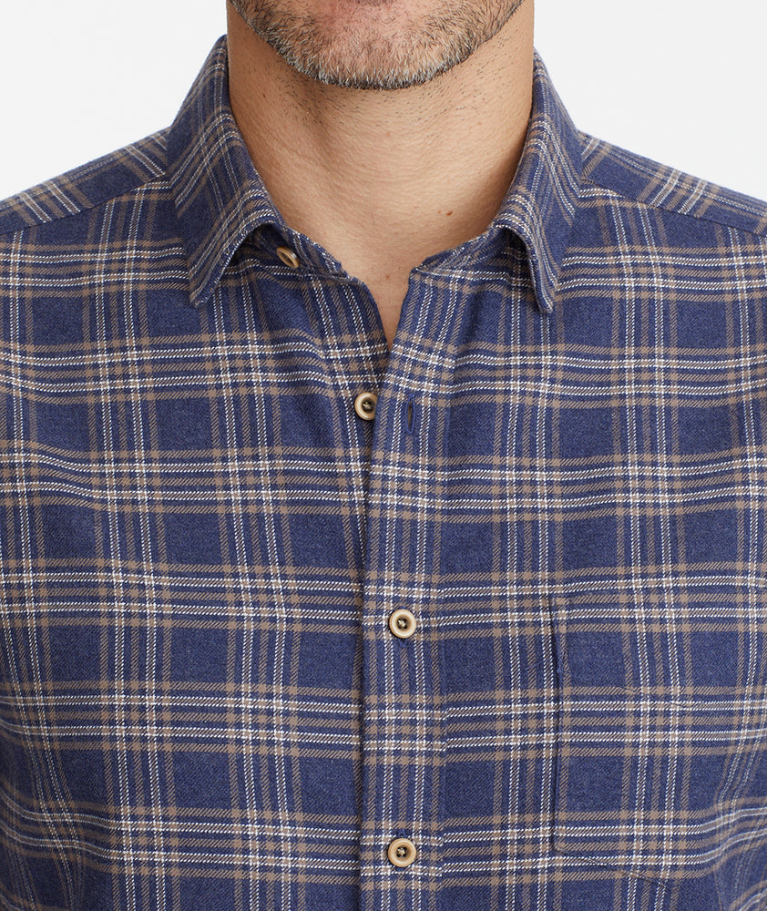 Model wearing a Blue Flannel Relusso Shirt