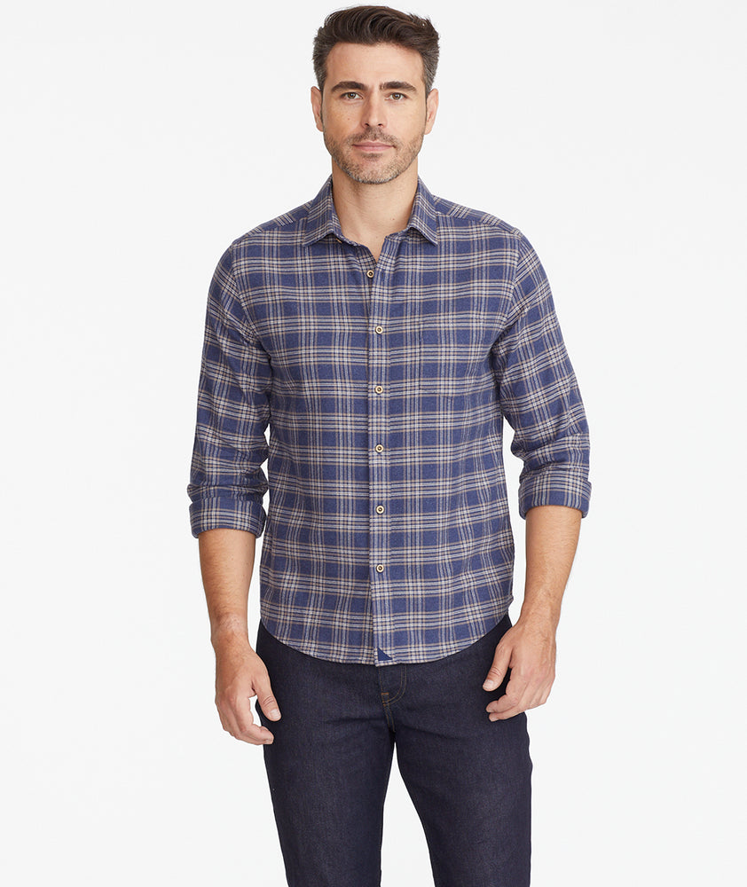 Model wearing a Blue Flannel Relusso Shirt