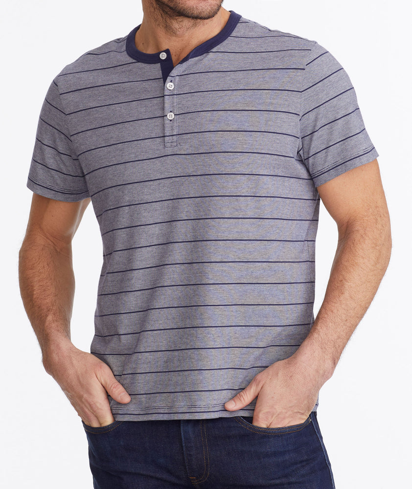 Model wearing a Navy Multistripe Short-Sleeve Henley