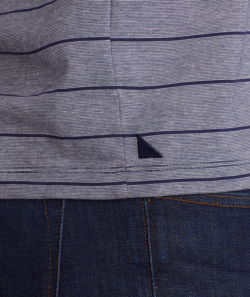 Model wearing a Navy Multistripe Short-Sleeve Henley