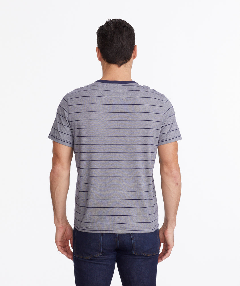 Model wearing a Navy Multistripe Short-Sleeve Henley