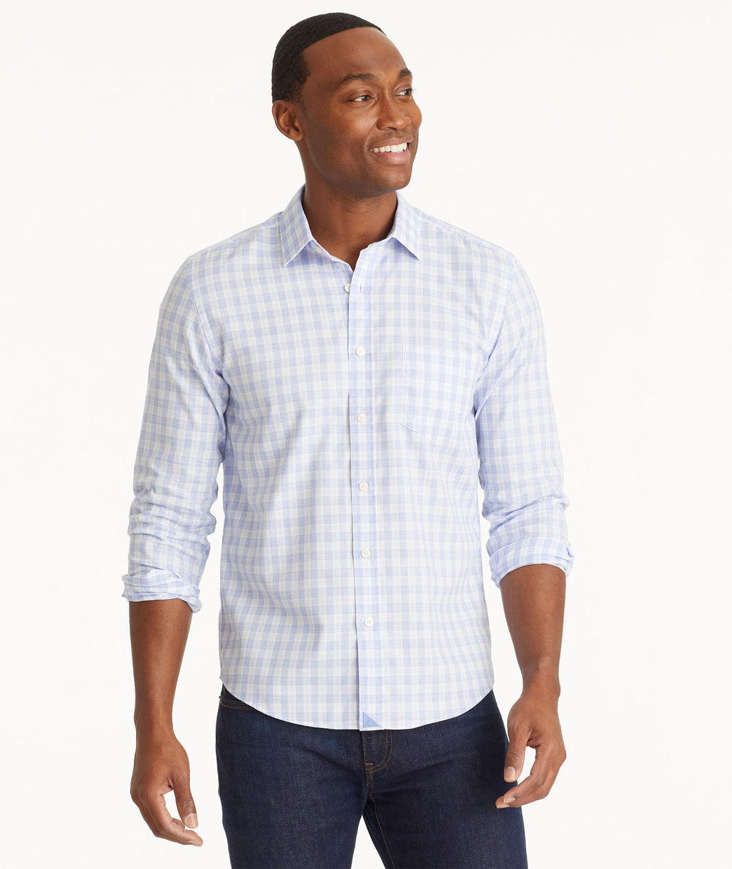 Model wearing an UNTUCKit Light Purple Vintage Wash Riverland Shirt