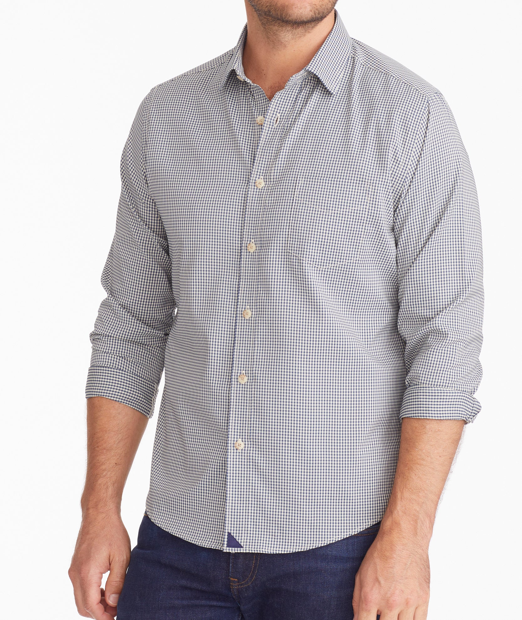 Wrinkle-Free Performance Rollan Shirt Navy & Tan Small Gingham 