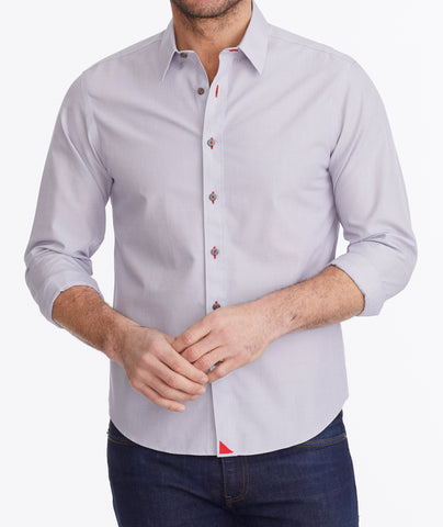 Model wearing a Grey Wrinkle-Free Rubican Shirt
