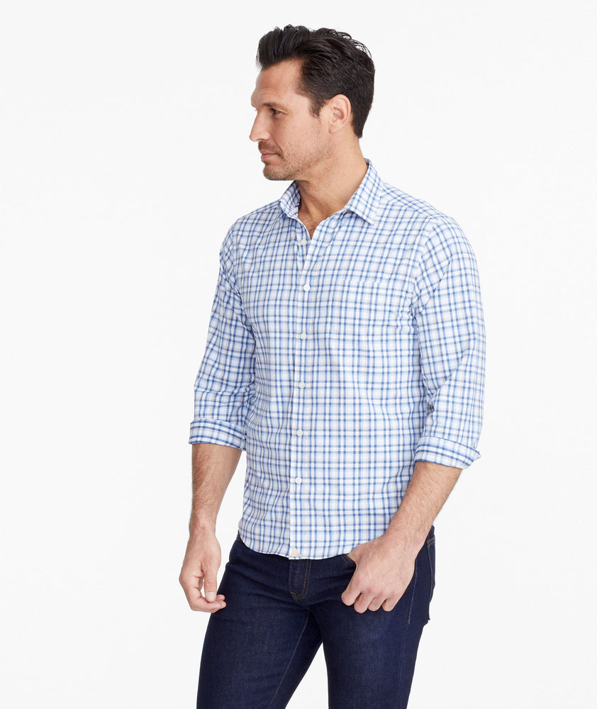 Model wearing a Light Blue Wrinkle-Free Performance+ Sardinia Shirt