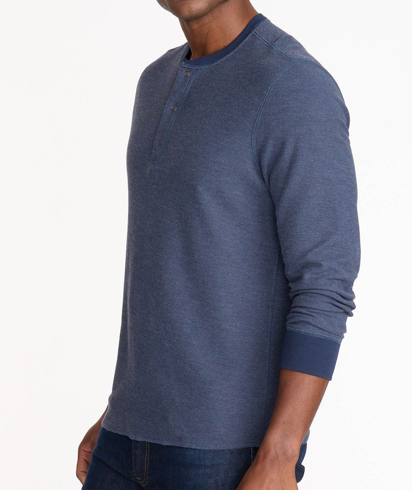Model wearing a Navy Textured Long-Sleeve Henley