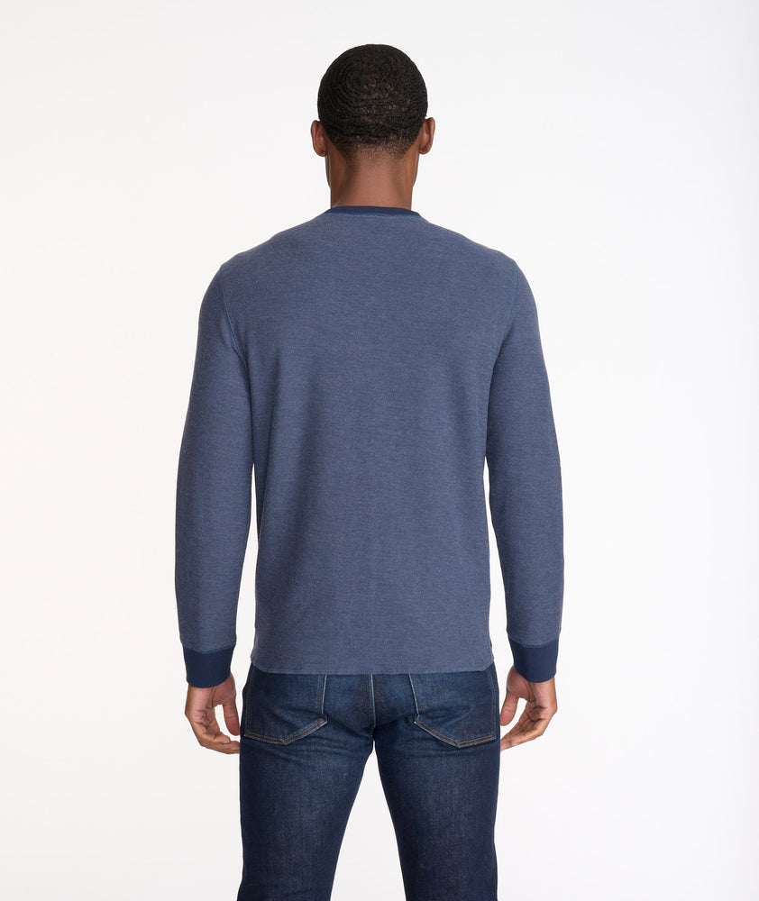 Model wearing a Navy Textured Long-Sleeve Henley