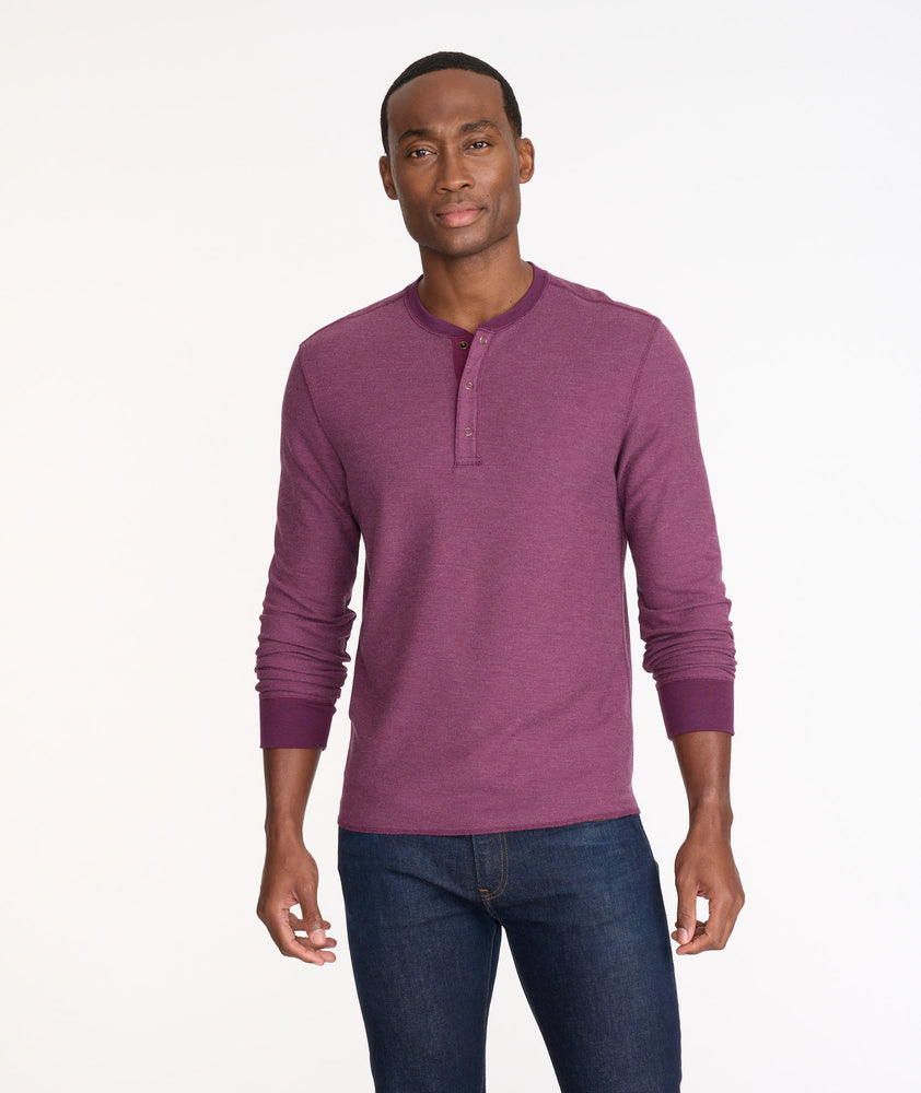 Model wearing a Purple Textured Long-Sleeve Henley