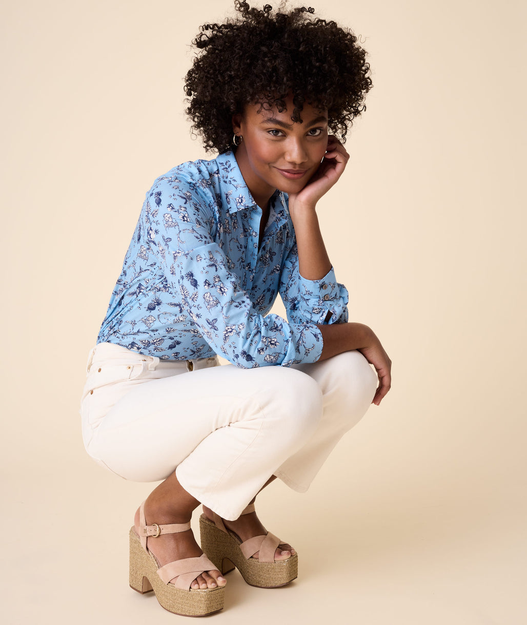 Model wearing an UNTUCKit Selina Shirt.