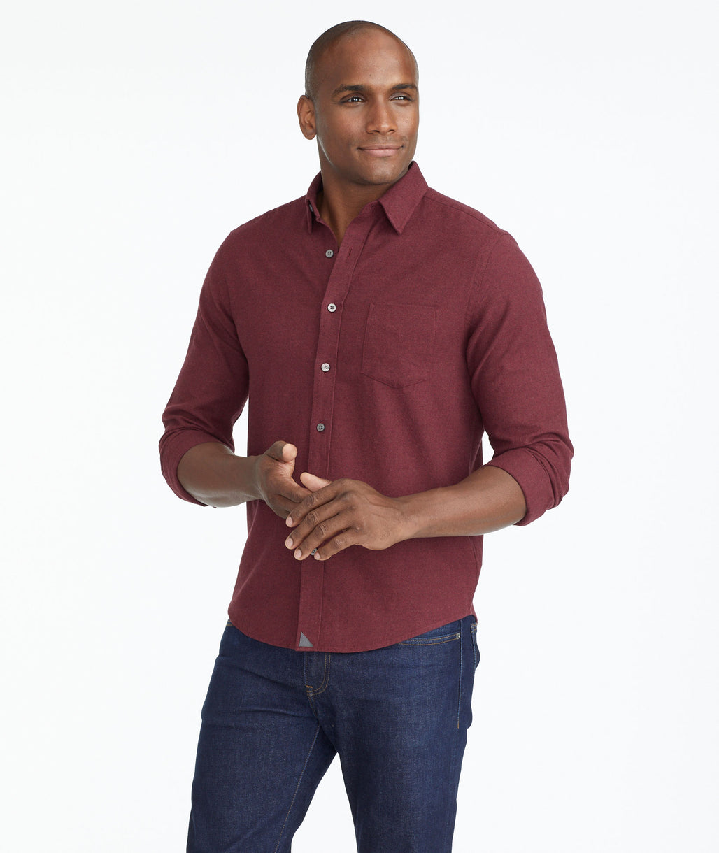 Model wearing a Maroon Flannel Sherwood Shirt
