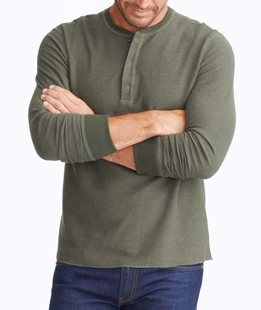 Model wearing a Dark Green Textured Long-Sleeve Henley