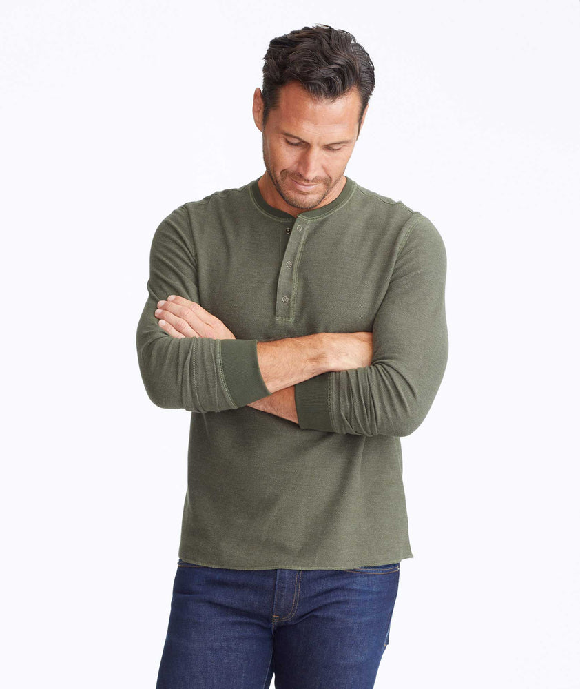 Model wearing a Dark Green Textured Long-Sleeve Henley
