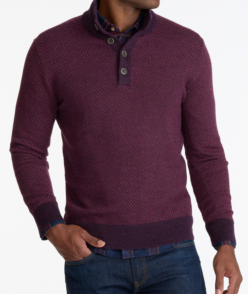 Model wearing a Purple Merino Wool Button-Neck Sweater