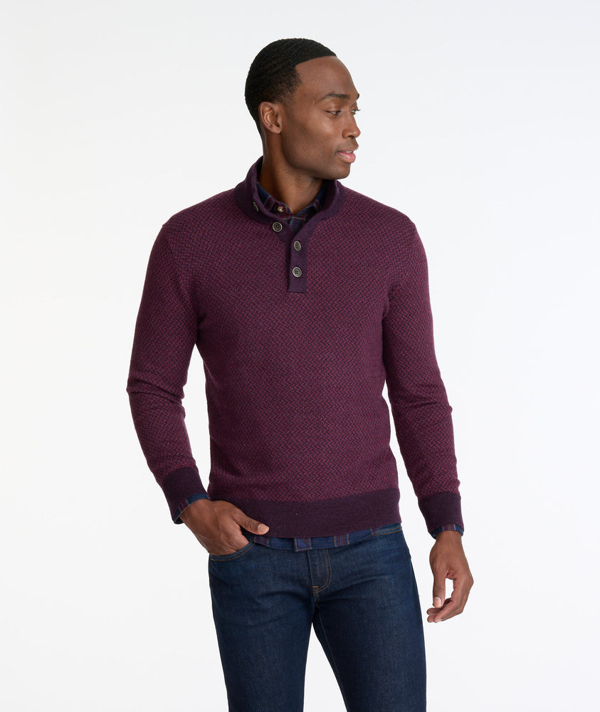 Model wearing a Purple Merino Wool Button-Neck Sweater