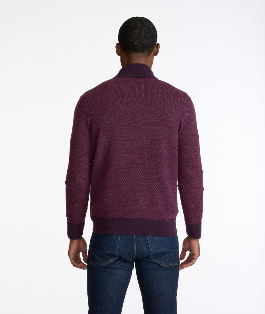 Model wearing a Purple Merino Wool Button-Neck Sweater
