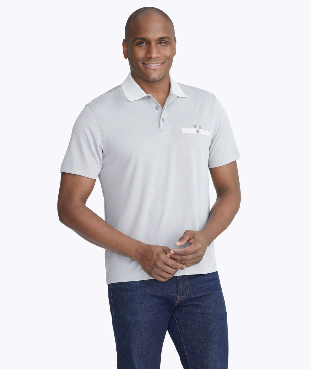 Model wearing a Grey No Sweat Pocket Polo