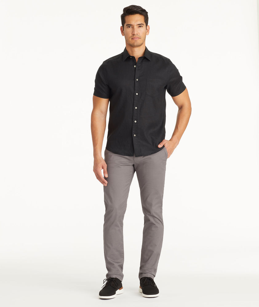 Model wearing UNTUCKit Grey Chino Pants