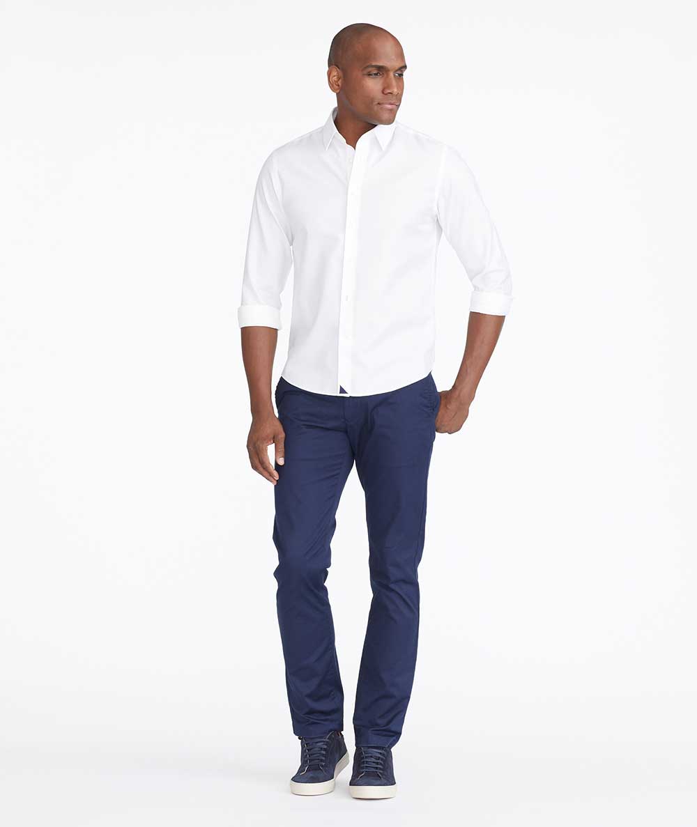 Model wearing a Navy Chino Pants