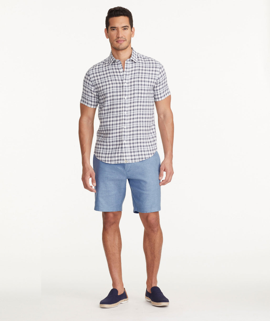 Model wearing a Blue Cotton-Linen Shorts