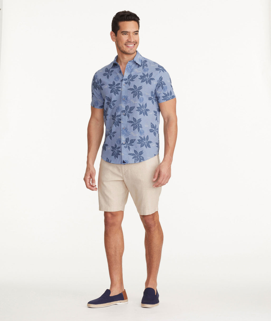 Model wearing a Tan Cotton-Linen Shorts