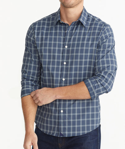 Model wearing a Navy Wrinkle-Free Performance Tayson Shirt