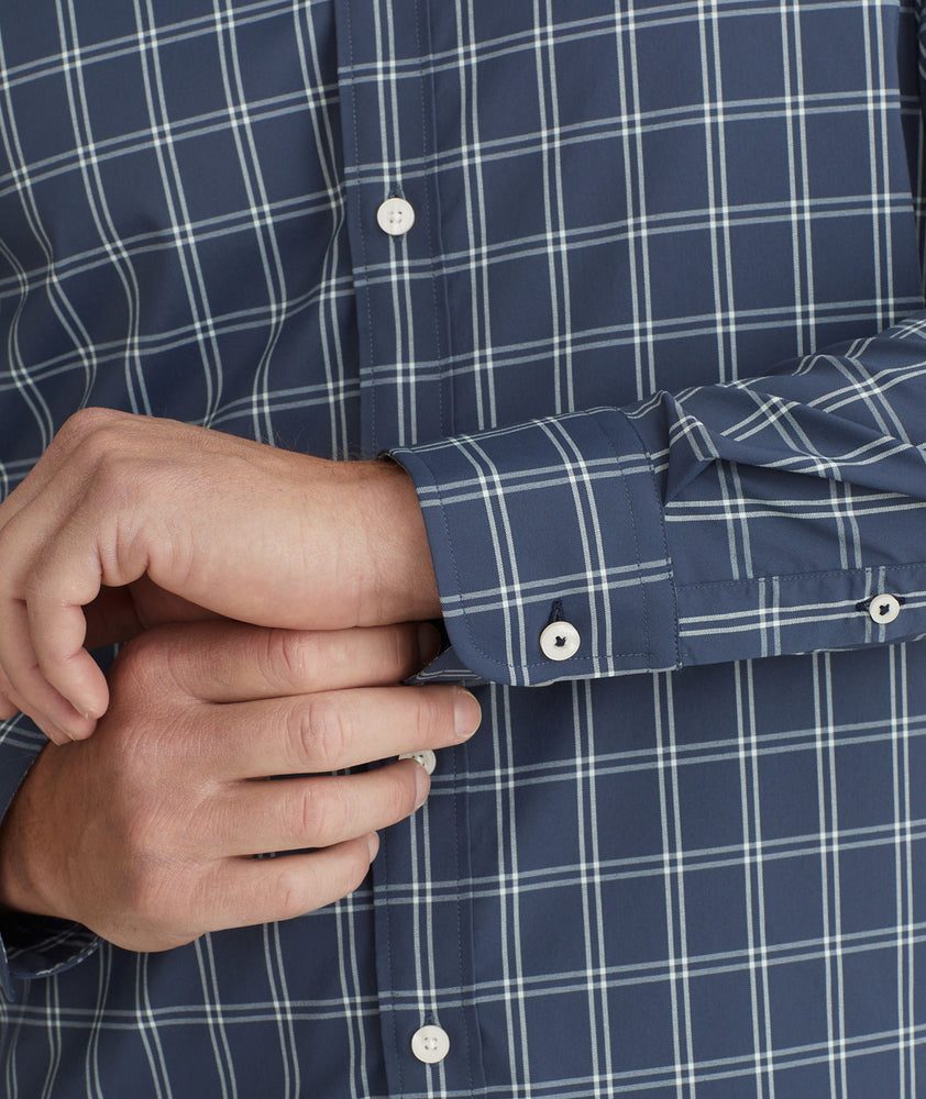 Model wearing a Navy Wrinkle-Free Performance Tayson Shirt