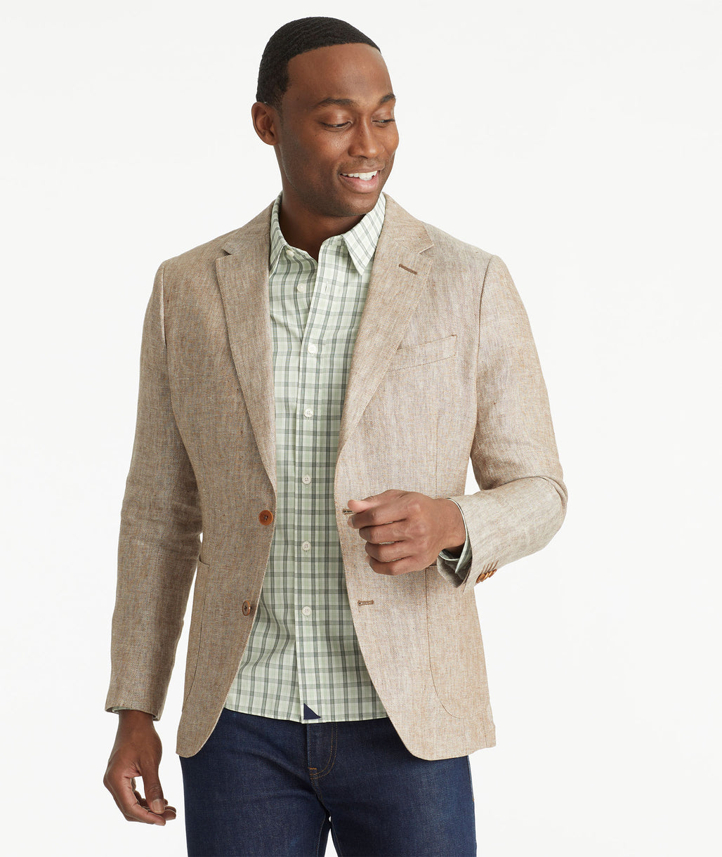 Model wearing an UNTUCKit Tan Italian Linen Blend Tirage Sport Coat