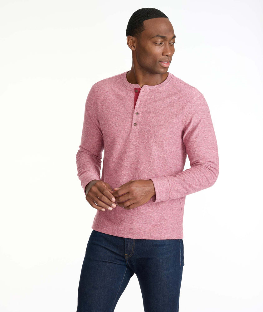 Model wearing a Bright Red French Terry Long-Sleeve Henley