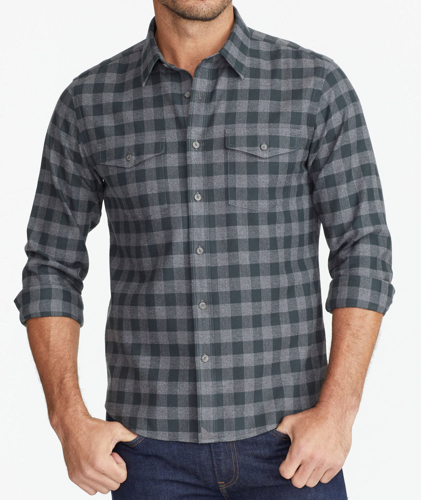 Model wearing a Grey Heavyweight Wrinkle-Free Flannel Vigouroux Shirt